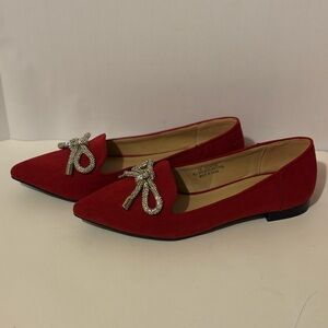Women’s Red Pointed Toe Flats with Rhinestone Bow